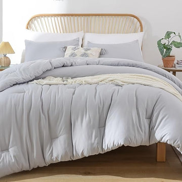 ROSGONIA King Size Comforter Set Light Grey, 3pcs (1 Boho Gray Comforter & 2 Pillowcases) All Season Bedding Lightweight Bedspread Blanket Quilt