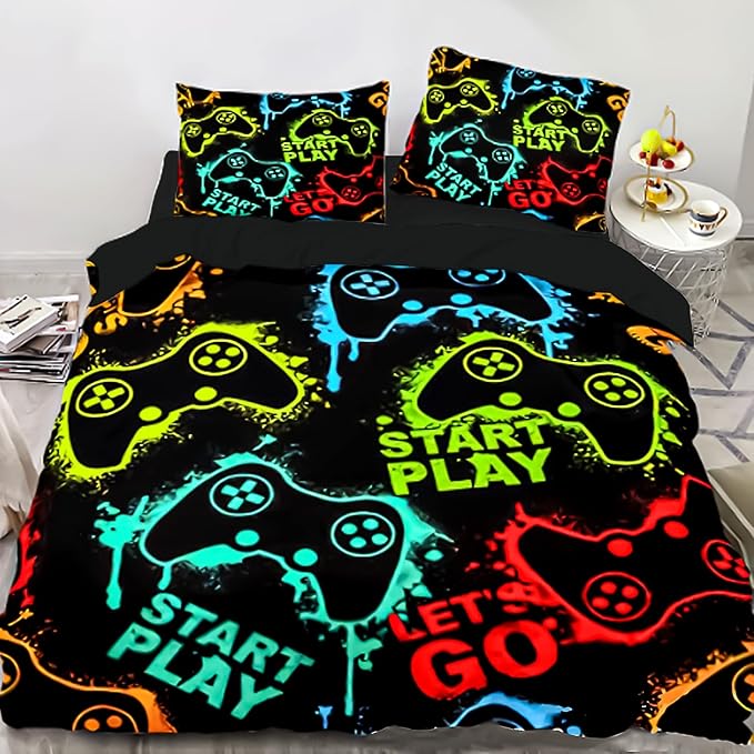Kids Comforter Bedding Set Twin Size, 3 Piece Super Soft Breathable Print Kids Bedding Sets for Boys, Machine Washable Durable Comforter Set with Comforter and 2 Pillowcases (Twin, GamePad)