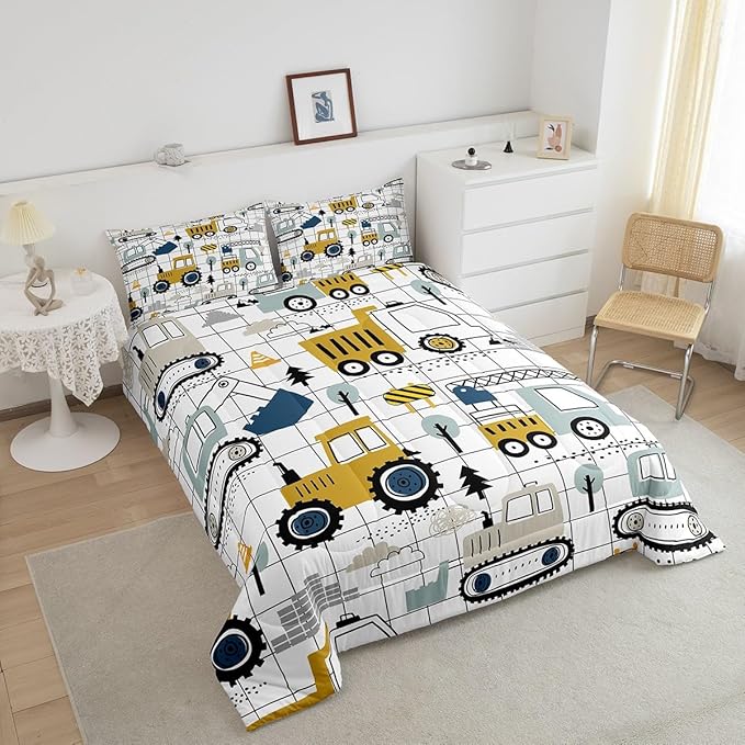 Feelyou Construction Comforter Set Full Size Kids Excavator Tractor Toddler Comforter Cartoon Car Equipment Trucks Plaid Grid Comforter Set Construction Vehicles WhiteDuvet Set Quilt Set
