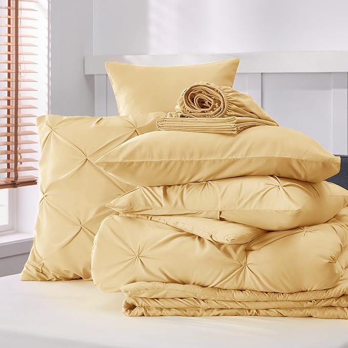 Bedsure King Size Comforter Set - Bedding Set King 7 Pieces, Pintuck Bed in a Bag Yellow Bed Set with Comforter, Sheets, Pillowcases & Shams
