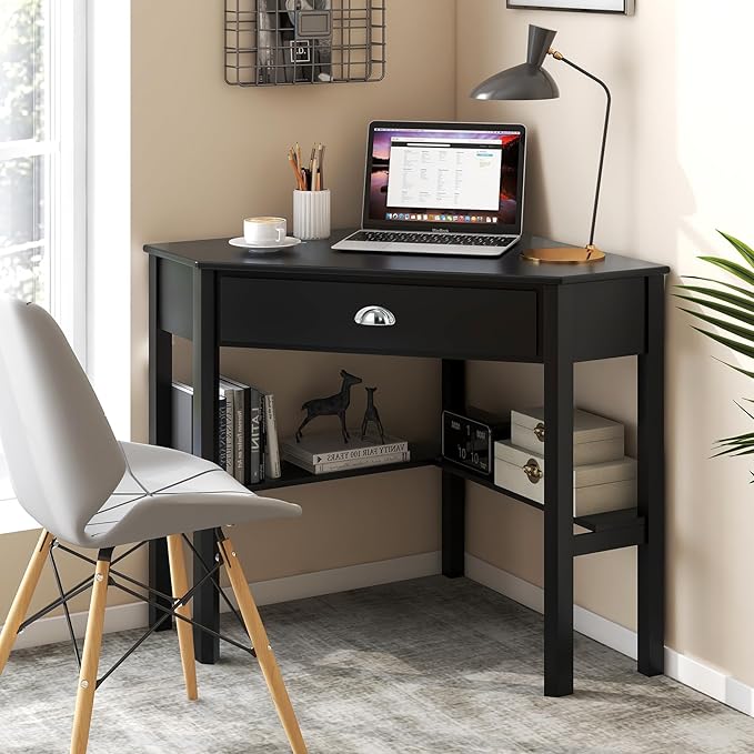 Nightcore Small, Wood Computer Desk, Compact Writing w/Drawer & Storage Shelves, Space Saving Study Workstation, Laptop PC Corner Table, Coffee