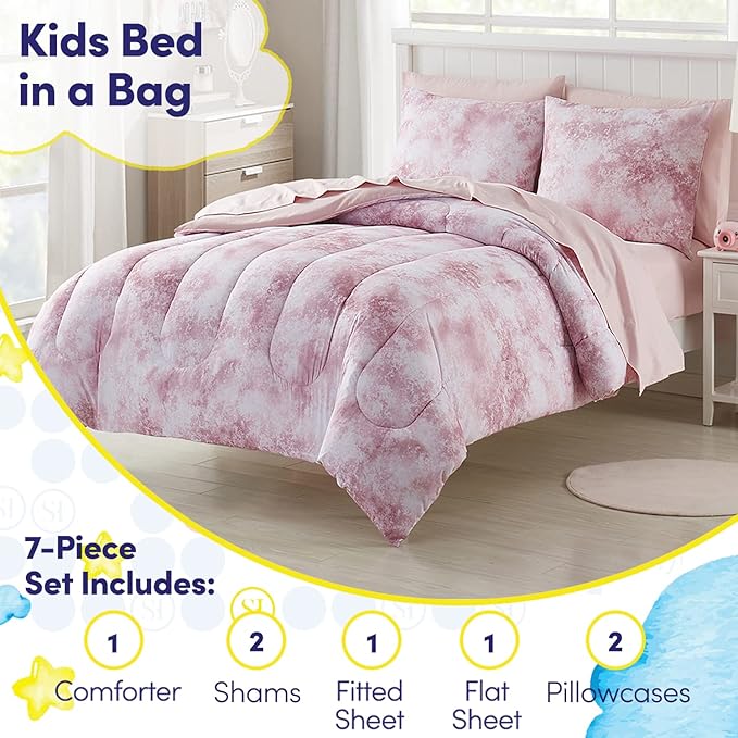 Kids Bedding Set Bed in a Bag for Boys and Girls Toddlers Printed Sheet Set and Comforter , Full, Waterbury Marble