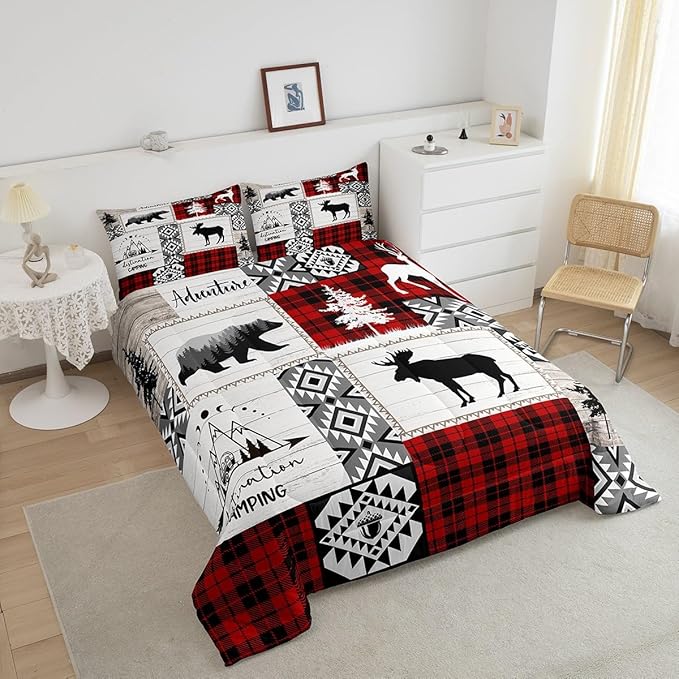 Deer Antlers Bear Kids Comforter Set Queen Size,Plaids Aztec Arrows Patchwork Bedding Set for Boys Girls Adults Room Decor,Rustic Adventure Xmas Down Comforter,Red Retro Duvet Insert,2 Pillowcases