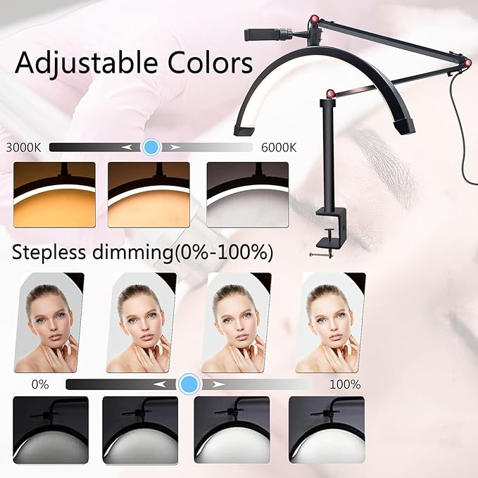 Led Half Moon Light for Lashes, Tattoo Lamp, Estheticians Light, Desk Lamp, Swing Arm Light, Lash Lamp,Black