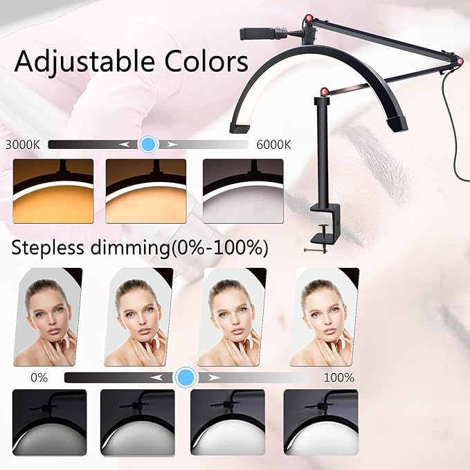 Led Half Moon Light for Lashes, Tattoo Lamp, Estheticians Light, Desk Lamp, Swing Arm Light, Lash Lamp,White