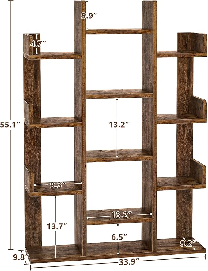 Aheaplus Bookshelf, Tree-Shaped Bookcase Storage Shelf with 13 compartments, Books Organizer Display Cube Shelves, Industrial Free Floor Standing Wood Open Bookshelves for Home