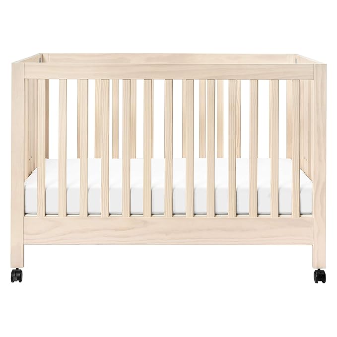 Babyletto Maki Full-Size 2-in-1 Portable Folding Crib with Toddler Bed Conversion Kit in Washed Natural, Greenguard Gold Certified