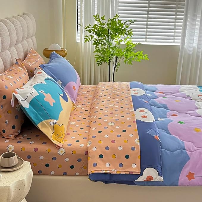 Kids Moon Stars Cloud Comforter Set Full size - 7 Piece Rainbow Kawaii Bedding Set Bed in A Bag for Girls Boys Teens - Goodnight Moon Neutral Soft Comfortable Machine Washable Bed Set