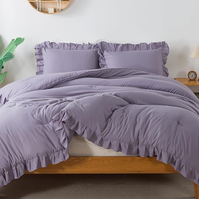Andency Purple Twin Size Comforter(66x90Inch), 2 Pieces(1 Ruffle Comforter and 1 Pillowcase) Solid Farmhouse Shabby Chic Comforter, Lighteweight and Soft Microfiber Bedding Set