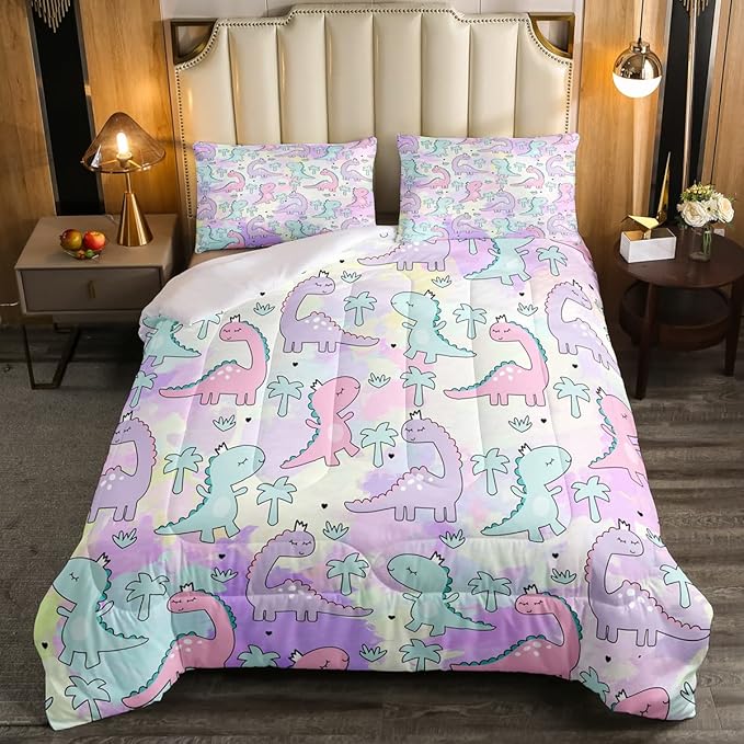 Erosebridal Dinosaur Comforter Set Twin Size, Kawaii Dinosaur Bedding Sets for Kids Girls Boys Gift Bedroom Decor, Cartoon Cute Animals Duvet Set,Palm Leaf Down Comforter, Green Purple Pink