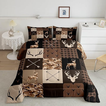 Camo Deer Antlers Kids Comforter Set Twin Size,Animal Arrow Silhouette Bedding Set,Girls Boys Adults Home/Xmas Cabin Decor,Lattice Patchwork Down Comforter,Brown Rustic Duvet Insert,2pcs,1 Pillowcase