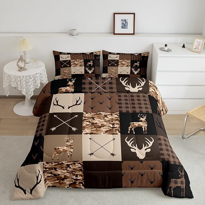 Camo Animal Kids Comforter Set Full Size,Deer Antlers Silhouette Bedding Set,Girls Boys Adults Bedroom/Xmas Decor,Checkered Geometric Down Comforter,Arrow Boho Retro Duvet Insert,3pcs,2 Pillowcases
