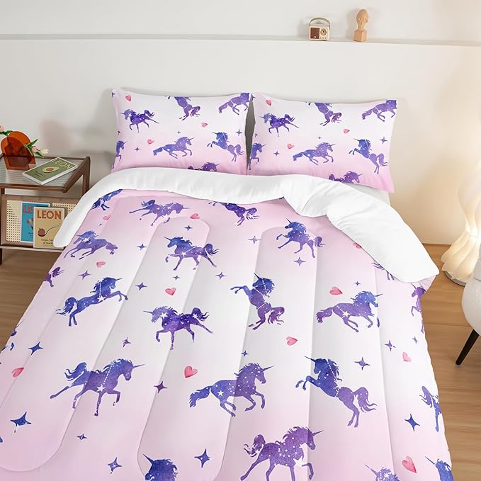 HOSIMA Kawaii Unicorn Comforter,Purple Unicorn with Stars and Love Heart Princess Toddler Bedding Set-Soft Microfiber Queen Comforter Set,Fairycore Room Decor Pink Comforter with 2 Pillowcases.