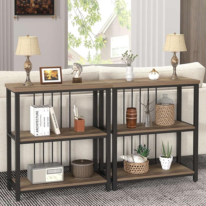 FOLUBAN Small Bookshelf and Bookcase, 3 Tier Open Book Shelf, Modern Metal and Wood Shelving Unit for Living Room Bedroom, Oak