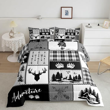 Deer Bear Comforter Set King Size,Pine Trees Christmas Bedding Set for Kids Boys Girls Adults Room Decor,Camping Adventure Rustic Farmhouse Down Comforter,Black Retro Duvet Insert,2 Pillowcases
