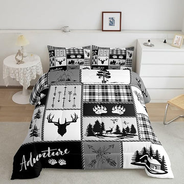 Manfei Deer Bear Comforter Set Twin Size,Pine Trees Christmas Bedding Set for Kids Boys Girls Adults Room Decor,Camping Adventure Rustic Farmhouse Down Comforter,Black Retro Duvet Insert,1 Pillowcase