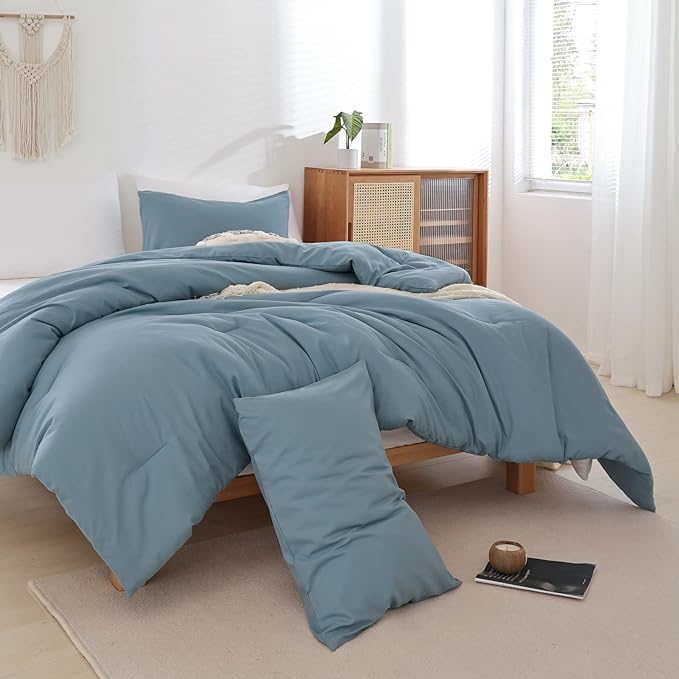 ROSGONIA Dusty Blue Twin Comforter Set for Boys Girls, 1 Boho Blue Comforter & 1 Pillowcase, Lightweight Kids Comforter All Season Dorm Bedding Set