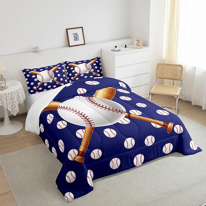 Baseball Comforter Set Sports Theme Bedding Set 3D Ball Pattern Comforter for Children Kids Boys Girls Microfiber Baseball Games Blue Duvet Set Room Decor Quilt Set Baseball Bat Print King Size