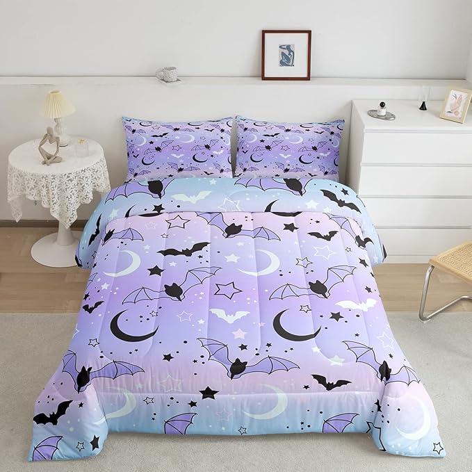 Feelyou Halloween Comforter Rainbow Comforter Set for Boys Girls Children Bat Moon Star Print Bedding Set Halloween Theme Purple Gradient Style Room Decor King Size Duvet Set 3Pcs
