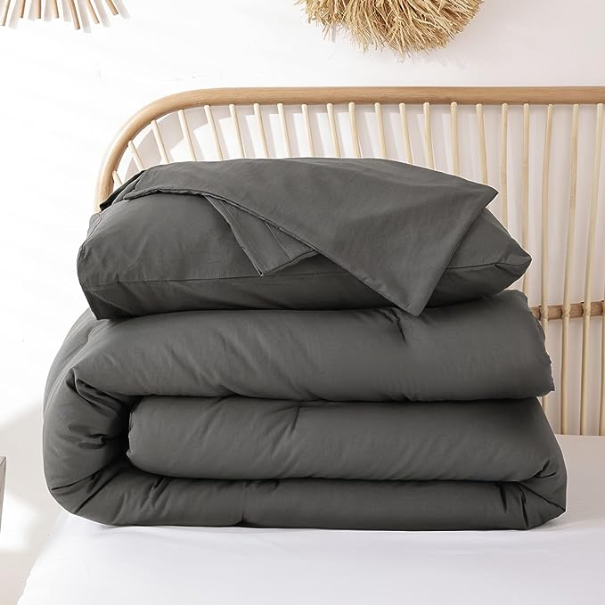 ROSGONIA Queen Comforter Set Charcoal Grey, 3pcs (1 Boho Dark Gray Comforter & 2 Pillowcases) All Season Soft Bedding Lightweight Bedspread Blanket Quilt