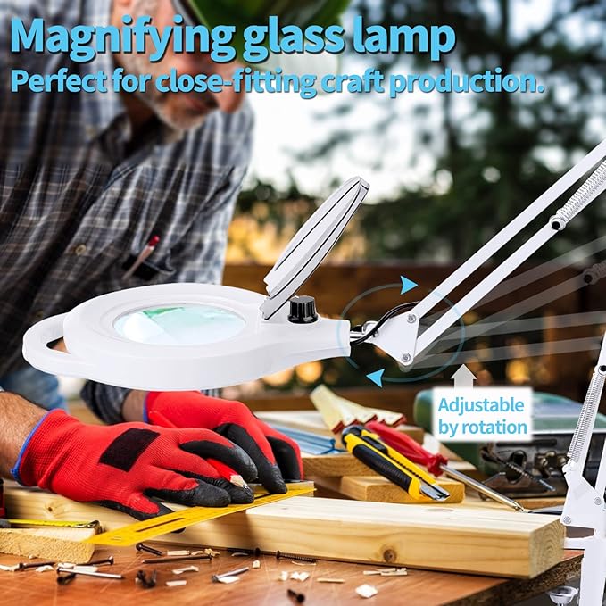 10X Magnifying Lamp with Clamp, 2200 LM Super Bright and Stepless Dimming Magnifying Glass with Light, Real Glass Lens Lighted Magnifier Lamp for Close Work, Crafts, Reading, Repair -White