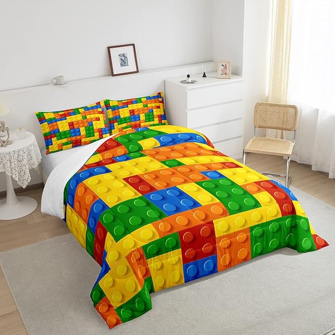 Feelyou Games Comforter Set Queen Building Blocks Bedding Set for Kids Boys Girls Colorful Geometric Toy Brick Comforter Gaming Nursery Quilt Duvet Set with 2 Pillowcase Boys