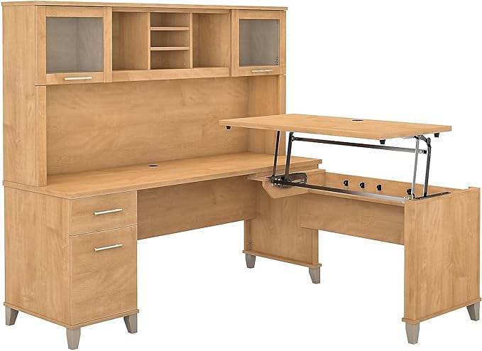 Bush Furniture Somerset 3 Position Sit to Stand L Shaped Desk with Hutch in Maple Cross Ergonomic Height Adjustable Standing Computer/Laptop Table for Home Office