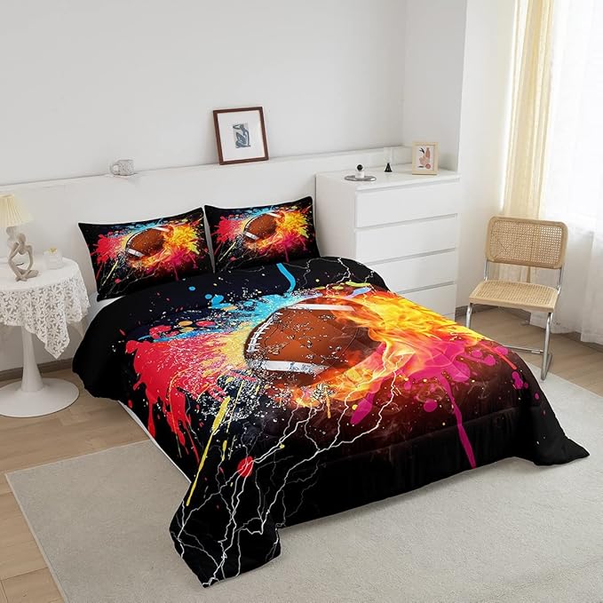 Erosebridal Football Comforter Set for Teen Boys Kids Hippie Tie Dye Sports Football Bedding Sets Rugby Bed Quilt Set King Size 1 Comforter and 2 Pillow Cases Colorful Sport Theme Bedroom Decor