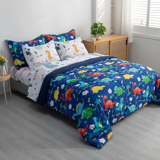 Wajade 7 Piece Kid Boys Dinosaur Comforter Set Queen Size 3D Blue Dinosaur Wild Park Jungle Print Bedding Set with Comforter, Sheet Set, Pillowcase and Sham