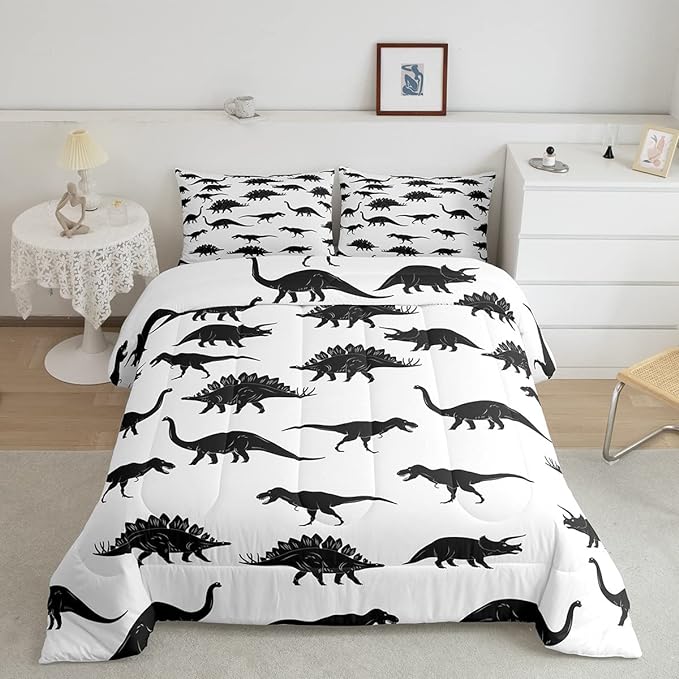 Erosebridal Dinosaur Comforter Set Dino Silhouettes Bedding Set Twin Size, Wildlife Animals Black White Duvet Sets for Kids Boys Teens Adult Bedroom Decor Dinosaurs Comforter with 1 Pillow Case
