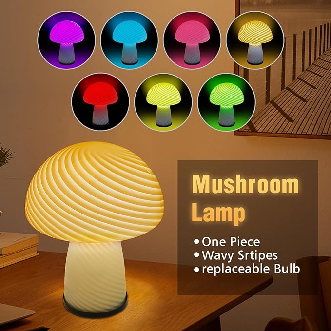 Mushroom lamp, Murano style retro design,Glass desk lamp with RGB 16 Color gradient dimmable LED bulbs, bedroom bedside bedside lamp, perfect home decoration.(LED Bulb Included)