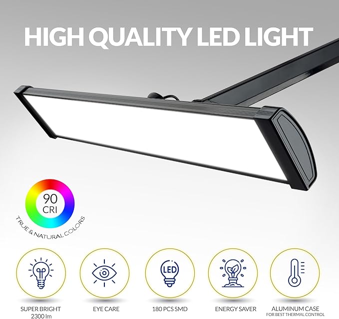 Super Bright 2,300 Lumens Powerful Professional Eye Care LED Desk Lamp, Brightness Adjustable, Task Light for Home, Beauty, Crafting, Office, Workbench (Daylight, Dimmable, Black)