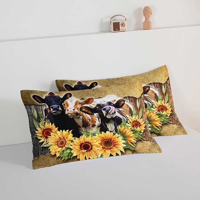HOSIMA Farmhouse Animal Cow Comforter Western Bedding Sets,Sunflower Comforter for Girls Boys Teens,Cow Print Bedding Room Decor,Floral King Size Comforter Set with 2 Pillowcases.