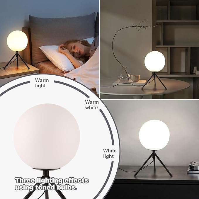 Mid Century Modern Table Lamp Black Glass Globe Desk Lamp Reading Lamp Vintage Plug in Table Desk Lamp for Bedroom Office Library Study Room (Black)