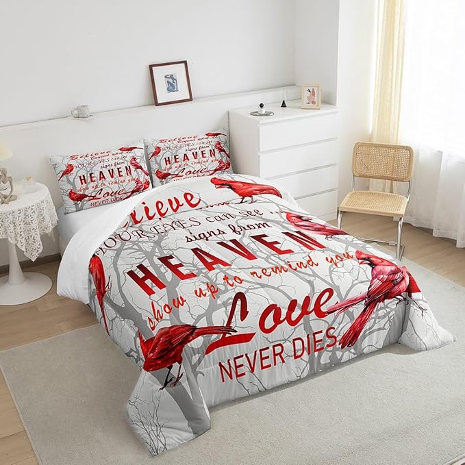 Cardinal Bird Comforter Set Twin Size Farmhouse Red Birds Bedding Set for Girls Boys Women Men Tree Branches Decor Comforter Nature Comforter with 1 Pillow Case