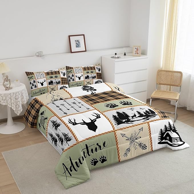 Camper Adventure Kids Comforter Set King Size,Deer Antlers Bear Paws Farmhouse Bedding Set for Boys Girls Adults Room Decor,Arrows Plaids Patchwork Down Comforter,Rustic Duvet Insert,2 Pillowcases