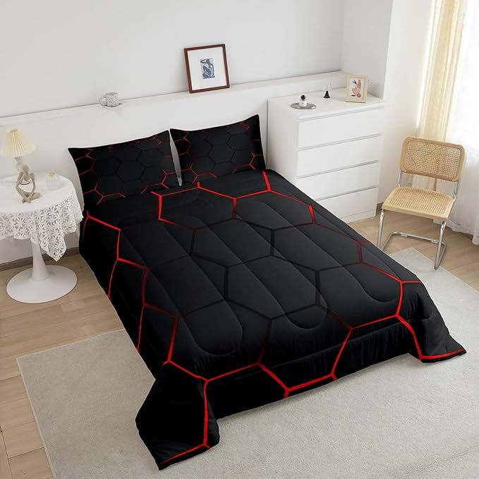 Honeycomb Bedding Set Honeycomb Modern Geometry Hexagon Theme Comforter Set for Kids Boys Children Geometrical Comforter Ultra Soft Beehive Black Red Decor Duvet Set Queen Size