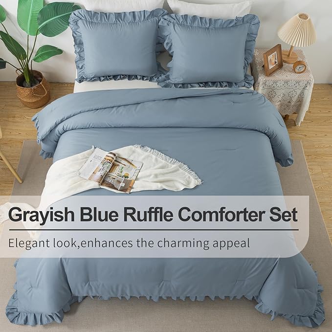 Andency Grayish Blue King Comforter Set(104x90Inch), 3 Pieces Lightweight Winter Summer Warm Fluffy Bedding Comforter Set, All Season Microfiber Shabby Chic(1 Ruffle Comforter and 2 Pillowcases)