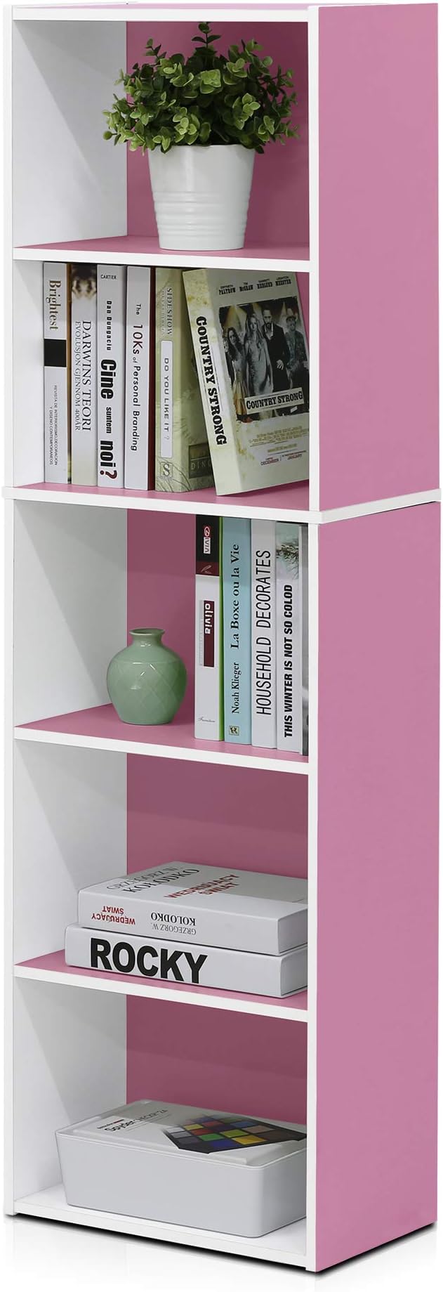 Furinno 5-Tier Reversible Color Open Shelf Bookcase , White/Pink 11055WH/PI