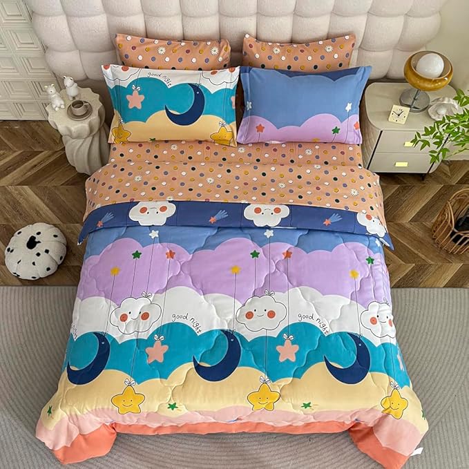 Kids Moon Stars Cloud Comforter Set Full size - 7 Piece Rainbow Kawaii Bedding Set Bed in A Bag for Girls Boys Teens - Goodnight Moon Neutral Soft Comfortable Machine Washable Bed Set