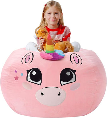 Aubliss Stuffed Animal Storage Bean Bag Chair Cover - Large Stuff 'n Sit Storage Organization for Kids - Toy Storage Bag - Chair Gifts for Girls (Large, Pink)