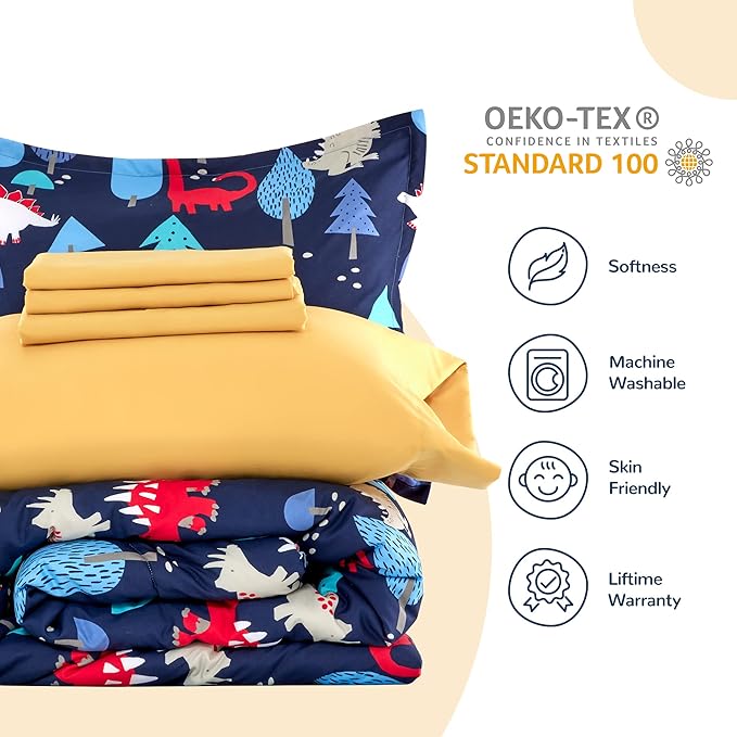 SLEEP ZONE Kids Bedding Comforter Set Full/Queen Size - Super Cute & Soft Kids Bedding 7 Pieces Set with Comforter, Sheet, Pillowcase & Sham (Dinosaur Land)