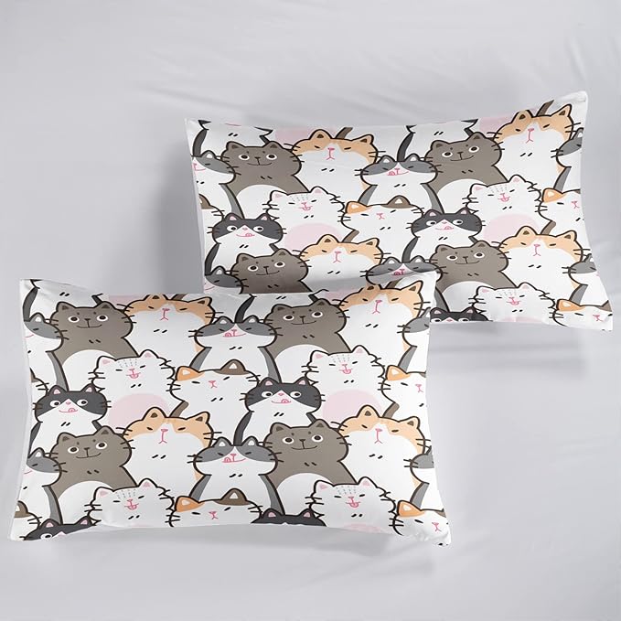 CVHOUSE Cat Bedding,Cartoon Cat Comforter King,Animals Print Comforter Set for Kids,Kawaii Quilt Set with 1 Comforter and 2 Pillow Cases