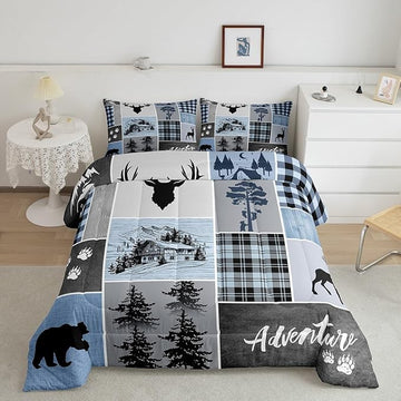 Manfei Deer Antler Comforter Set Queen Size,Bear Paws Rustic Farmhouse Xmas Bedding Set for Kids Boys Girls Adults Room Decor,Plaids Patchwork Adventure Down Comforter,Blue Duvet Insert,2 Pillowcases