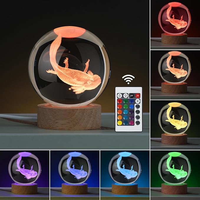 Large 3D Axolotl Crystal Ball Night Light, Axolotl Lamp 16 Color Changing with Remote Control for Bedroom Decor, Cool Desk Decor Gift for Teens Boys and Girls and Fans, Axolotl