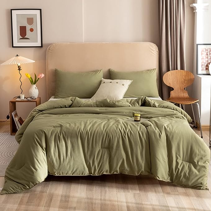 ROSGONIA Twin Comforter Set for College Girls Boys Teens Olive Green,1 Boho Comforter & 1 Pillowcase, Soft Kids Comforter Sets All Season Dorm Bedding