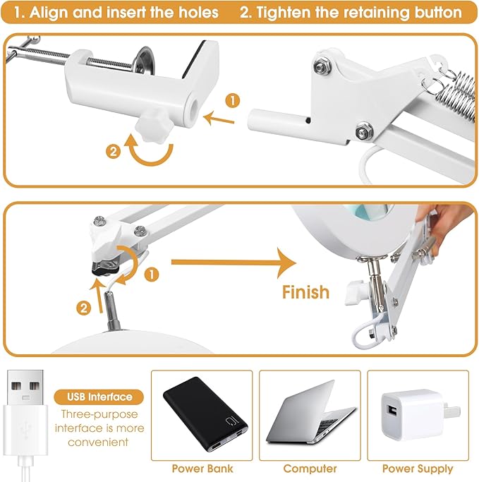 5X Magnifying Glass with Light and Stand, Desk Clip on Lamp for Reading Home Office, 48 LEDs USB Clip Ring Light with 3 Color Modes Clamp Light for Bed Headboard, Craft, Computer, Video Call