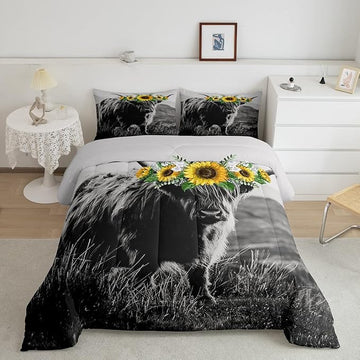 Highland Cow Comforter Set King Size for Adult Women Sunflower Cow Print Bedding Farmhouse Decor Wild Animal Cows with Gray Fur Quilted Duvet Decor 3 Pcs Bedding ,1 Duvet Cover + 2 Pillowcases