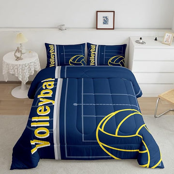 Feelyou Volleyball Bedding Set Full Size Sports Game Comforter Set for Kids Boys Girls Decor Volleyball Player Comforter Microfiber Blue Yellow Duvet Set Bedroom Quilt Set