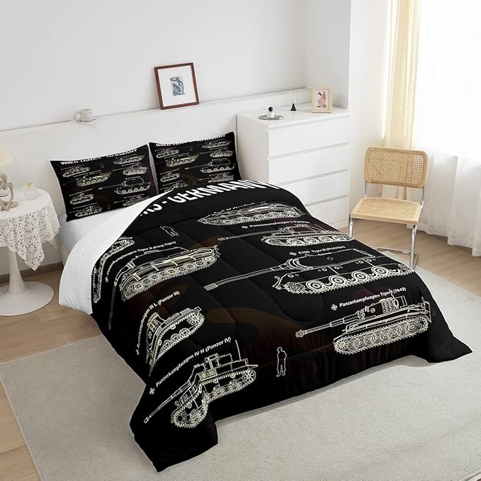 Tank Comforter Set Twin, War Theme Bedding Set, Soldier Dirt Bike Camouflage Army Acting Down Comforter For Kid Boy Teen Men,Camo Vintage Style Quilt Set, Military Vehicle Duvet Set Room Decor